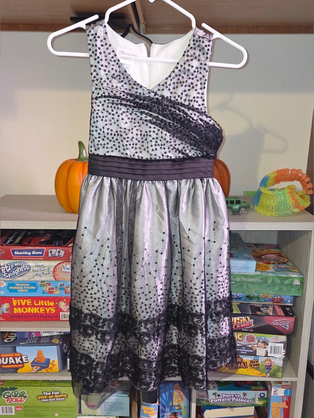 Bonnie Jean size 12 Sheer Bonaz Trim Sequin Border Black formal party Dress
